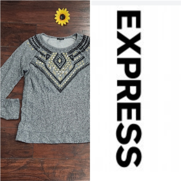 Express Studded Gold Tone Pyramid Design Embossed Gray Sweater ✨️ - Picture 1 of 9